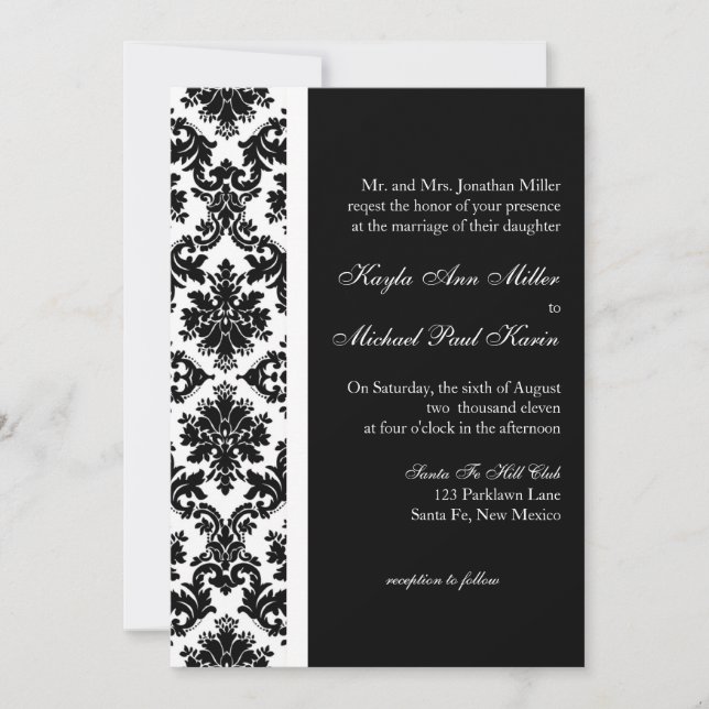 Invitación a la boda de Damasco en blanco y negro (Anverso)
