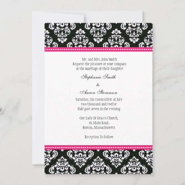 Invitación a la boda de Damasco en blanco y negro (Anverso)