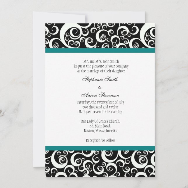 Invitación a la boda de Damasco en blanco y negro  (Anverso)