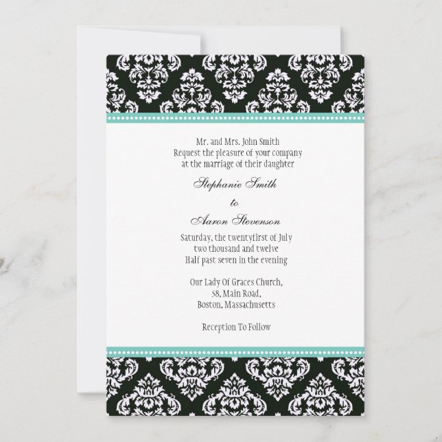 Invitación a la boda de Damasco en blanco y negro (Anverso)