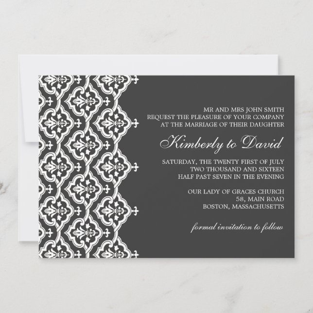 Invitación a la boda de Damasco en blanco y negro (Anverso)