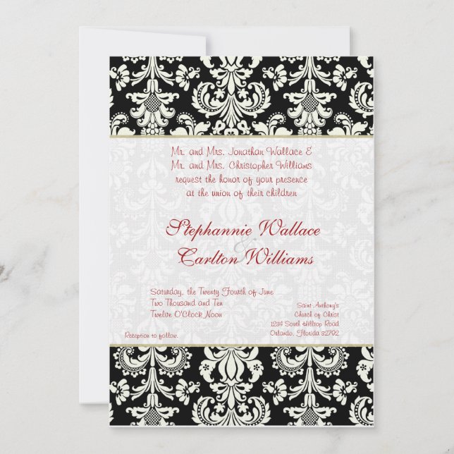 Invitación a la boda de Damasco en blanco y negro (Anverso)