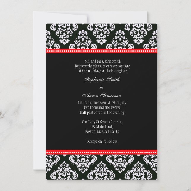 Invitación a la boda de Damasco en blanco y negro (Anverso)