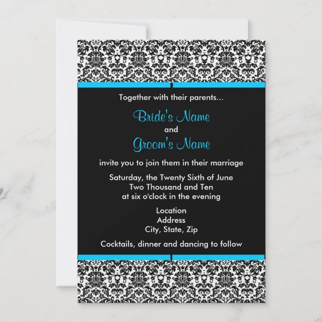 Invitación a la boda de Damasco en blanco y negro (Anverso)