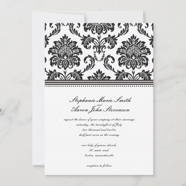 Invitación a la boda de Damasco en blanco y negro (Anverso)