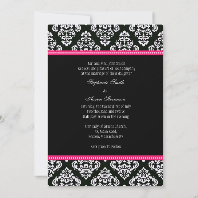 Invitación a la boda de Damasco en blanco y negro (Anverso)