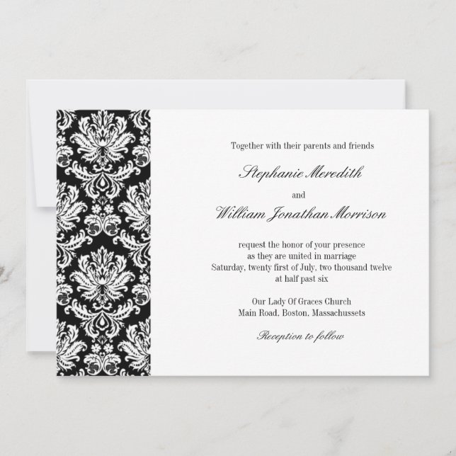 Invitación a la boda de Damasco en blanco y negro (Anverso)