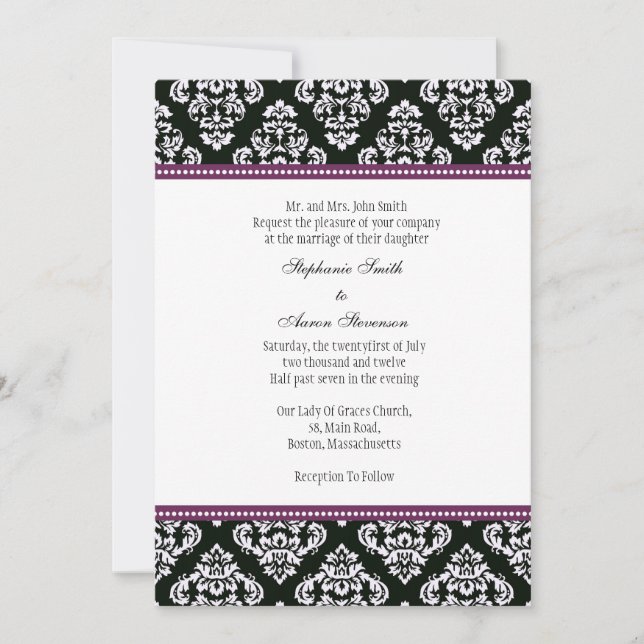 Invitación a la boda de Damasco en blanco y negro (Anverso)