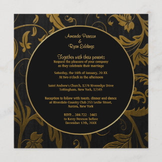 Invitación a la boda de Damasco en negro y oro - C