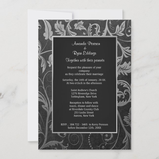 Invitación a la boda de Damasco en negro y plata (Anverso)