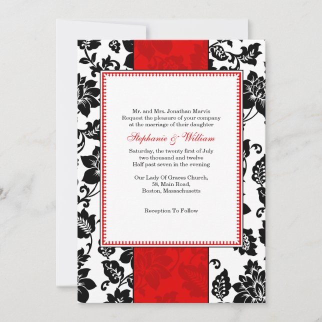 Invitación a la boda de Damasco en negro y rojo (Anverso)