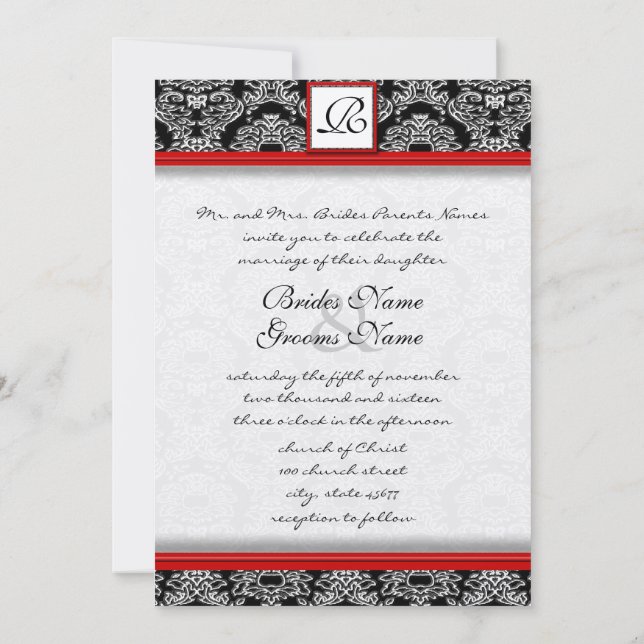 Invitación a la boda de Damasco en rojo y negro pl (Reverso)