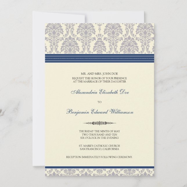 Invitación a la boda de Damasco encantadora (marin (Anverso)