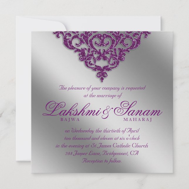 Invitación a la boda de Damasco Esparkle Plata Púr (Anverso)