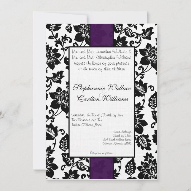 Invitación a la boda de Damasco floral negro/púrpu (Anverso)