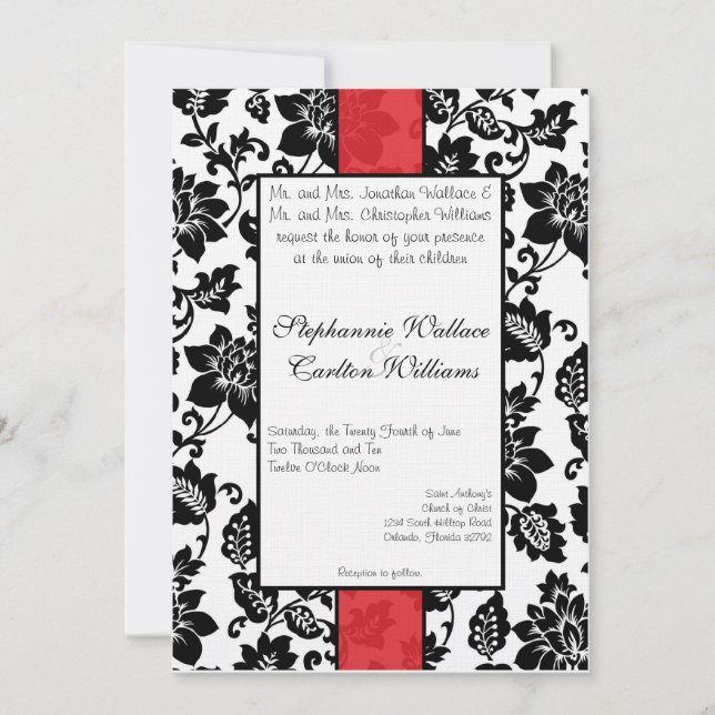 Invitación a la boda de Damasco floral negro/rojo (Anverso)