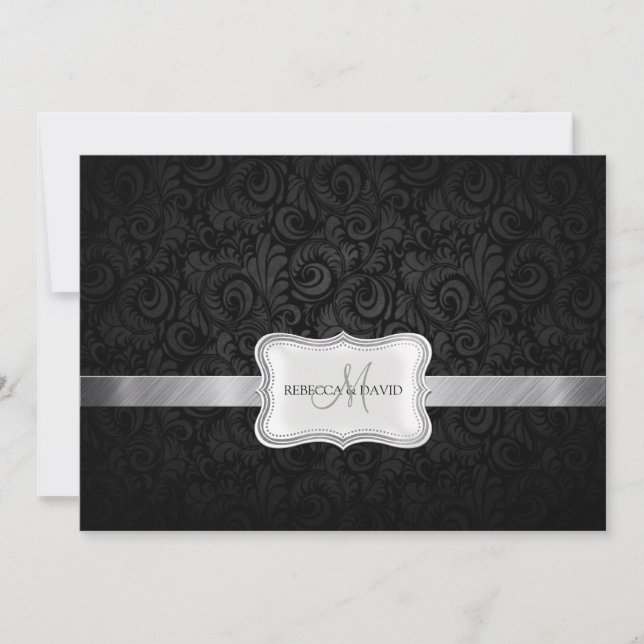 Invitación a la boda de Damasco floral negro y gri (Anverso)