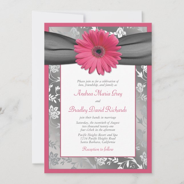 Invitación a la boda de Damasco floral rosa y gris (Anverso)