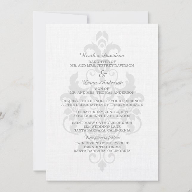 Invitación a la boda de Damasco gris sutil (Anverso)