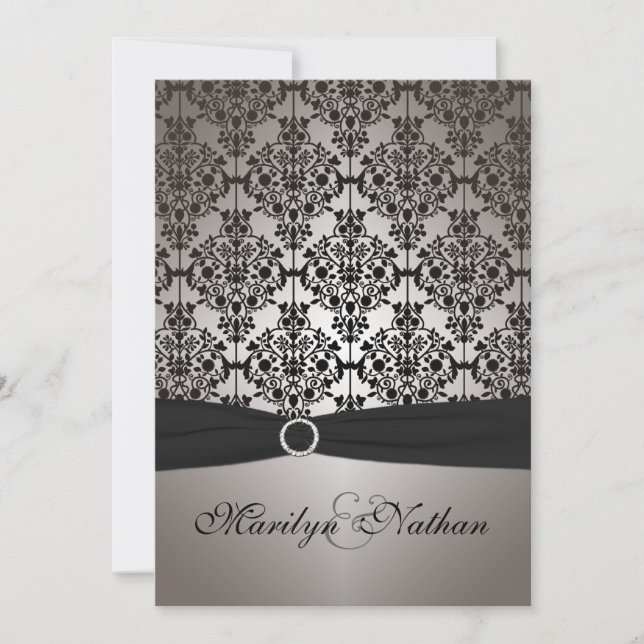 Invitación a la boda de Damasco gris y negro (Anverso)