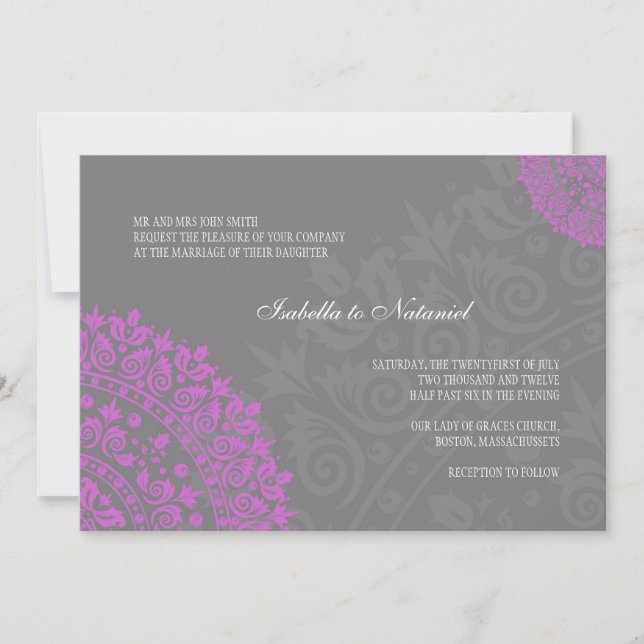 Invitación a la boda de Damasco gris y púrpura de  (Anverso)