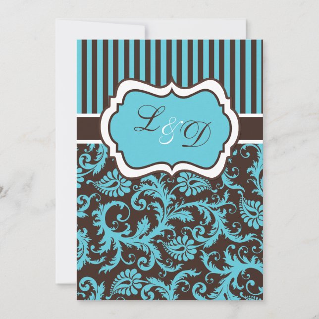 Invitación a la boda de Damasco Marrón, Aqua, Blan (Anverso)