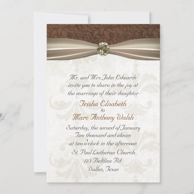 Invitación a la boda de Damasco Marrón y crema (Anverso)