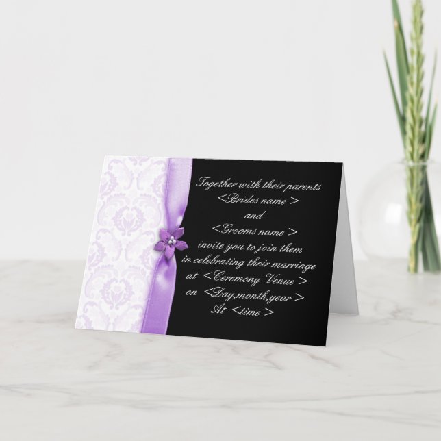 Invitación a la boda de Damasco morado y negro (Anverso)