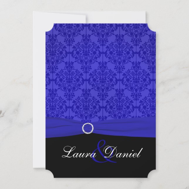 Invitación a la boda de damasco negro y azul cobal (Anverso)