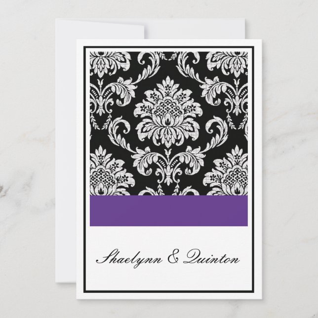 Invitación a la boda de Damasco negro y púrpura (Anverso)