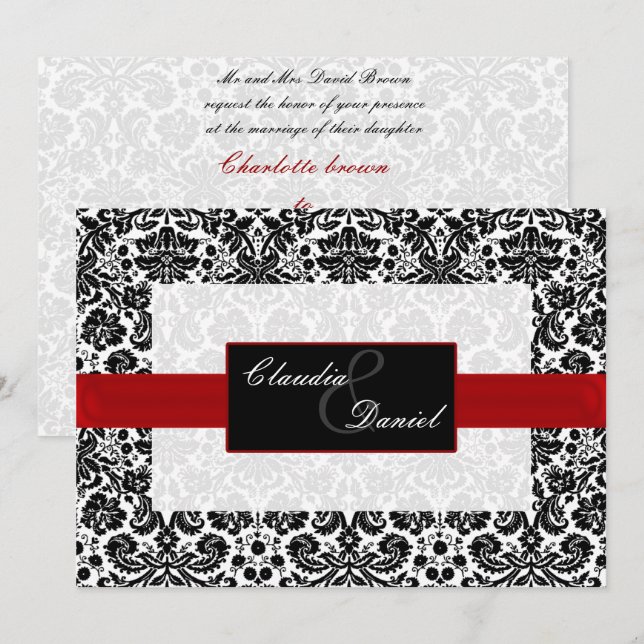 invitación a la boda de damasco rojo (Anverso / Reverso)