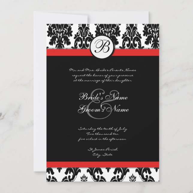Invitación a la boda de Damasco rojo blanco negro (Anverso)