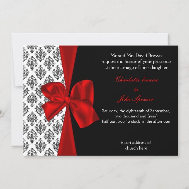 Invitación a la boda de damasco rojo con cinta de  (Anverso)
