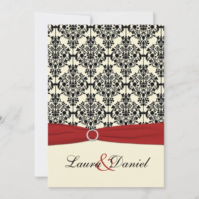 Invitación a la boda de Damasco Rojo, Marfil y Neg (Anverso)