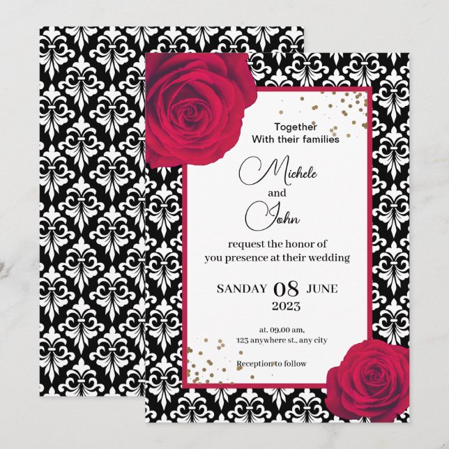 Invitación a la boda de damasco rojo negro y blanc (Anverso / Reverso)