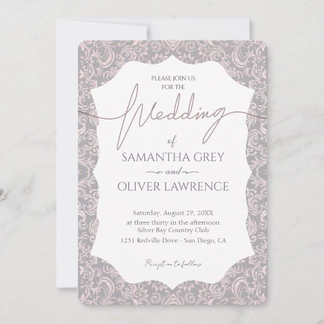 Invitación a la boda de Damasco rosa y gris (Anverso)