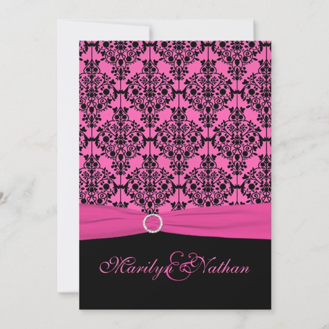 Invitación a la boda de damasco rosa y negro (Anverso)