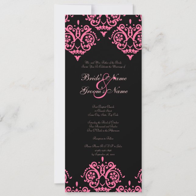 Invitación a la boda de damasco rosa y negro (Anverso)