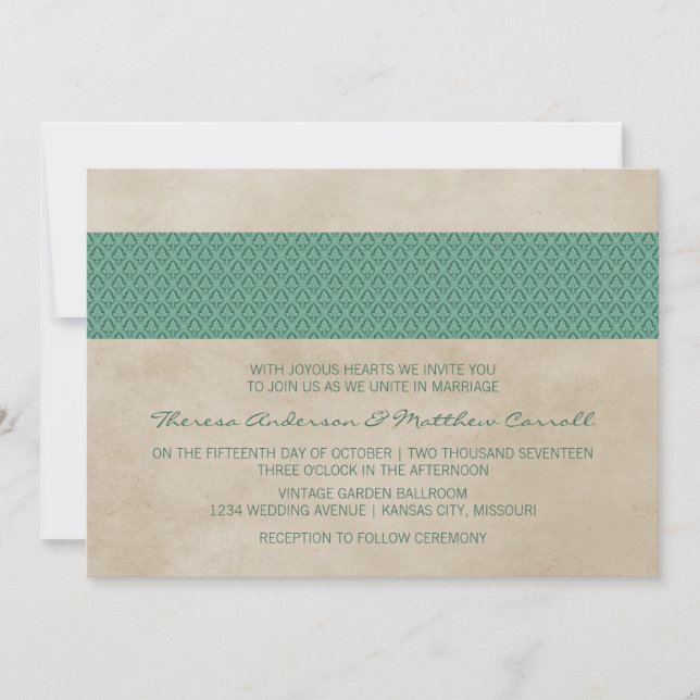 Invitación a la boda de Damasco Rústico Verde (Anverso)