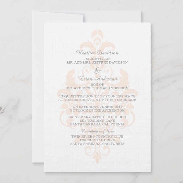 Invitación a la boda de Damasco sutil de coral (Anverso)