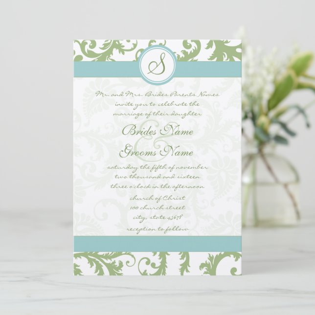 Invitación a la boda de Damasco Verde Sage y Damas (Anverso de pie)