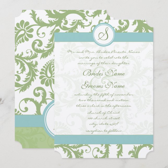 Invitación a la boda de Damasco Verde Sage y Damas (Anverso / Reverso)