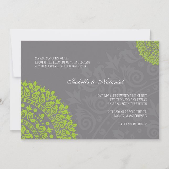 Invitación a la boda de Damasco verde y gris con c (Anverso)