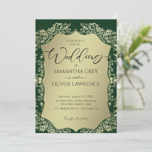Invitación a la boda de Damasco Verde y Oro