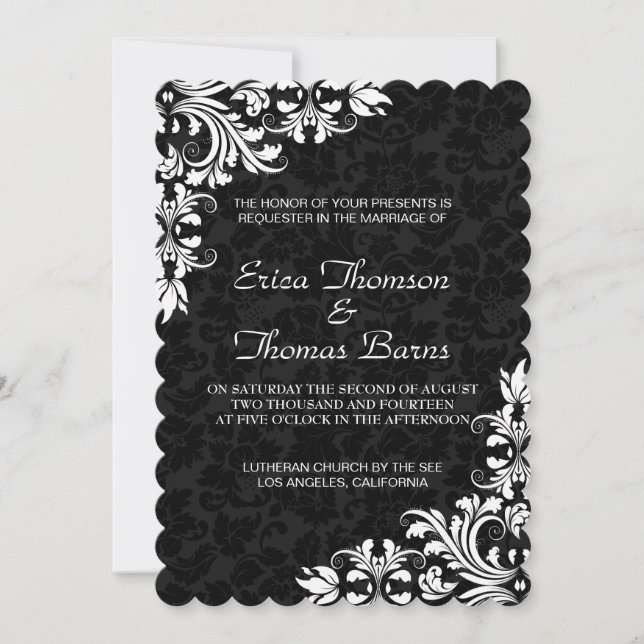 Invitación a la boda de damascos negros de encaje  (Anverso)