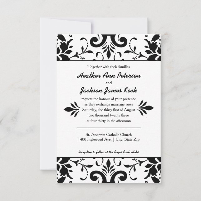 Invitación a la boda de Damask 3x5 en blanco y neg (Anverso)