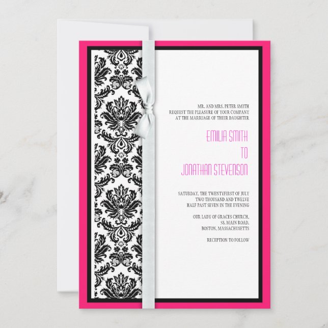Invitación a la boda de Damask Bow con rosa calien (Anverso)