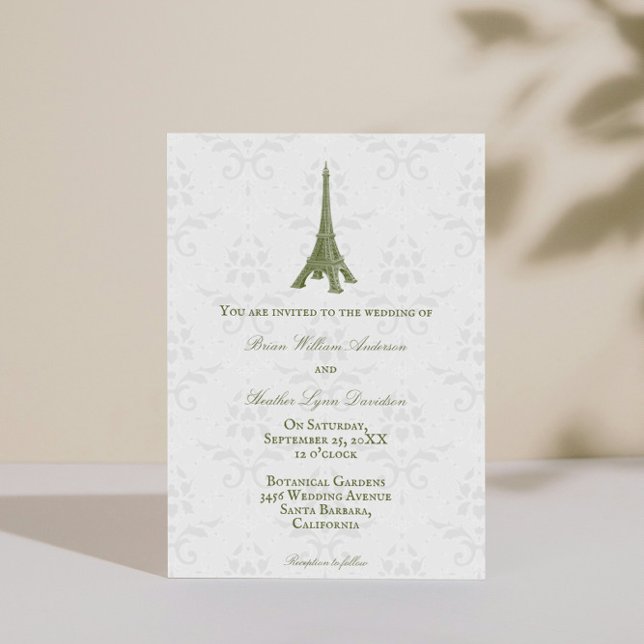 Invitación a la boda de Damask de la Torre Eiffel  (Green Eiffel Tower Damask Wedding Invitation)
