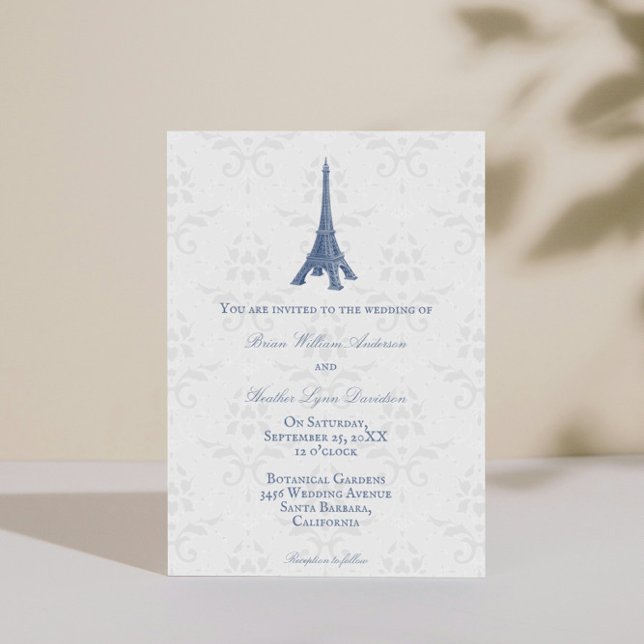 Invitación a la boda de Damask de la Torre Eiffel  (Blue Eiffel Tower Damask Wedding Invitation)