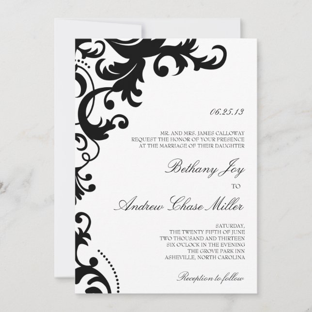 Invitación a la boda de Damask elegante en blanco  (Anverso)